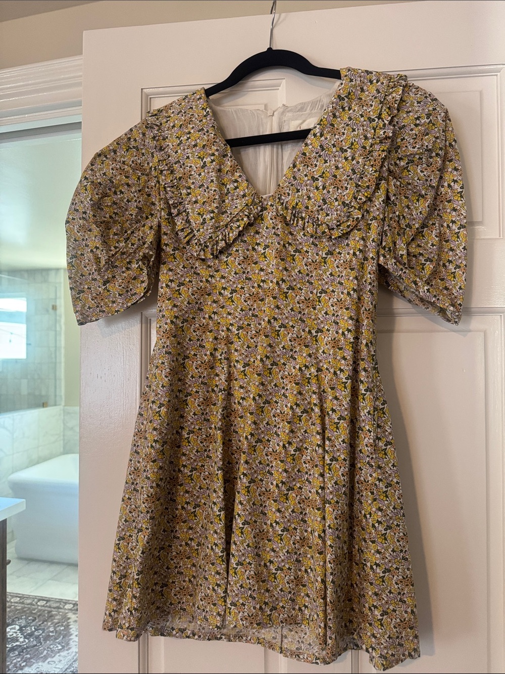 Anthropologie Yellow Floral Puff-Sleeve Mini Dress